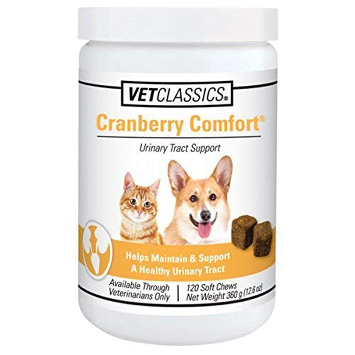 Vet Classics Cranberry Comfort soft chews bottle shows urinary health support for pets