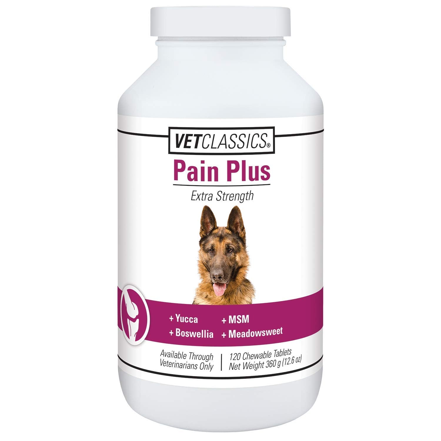 Vet Classics Pain Plus chewable tablets bottle front view supports daily dog comfort