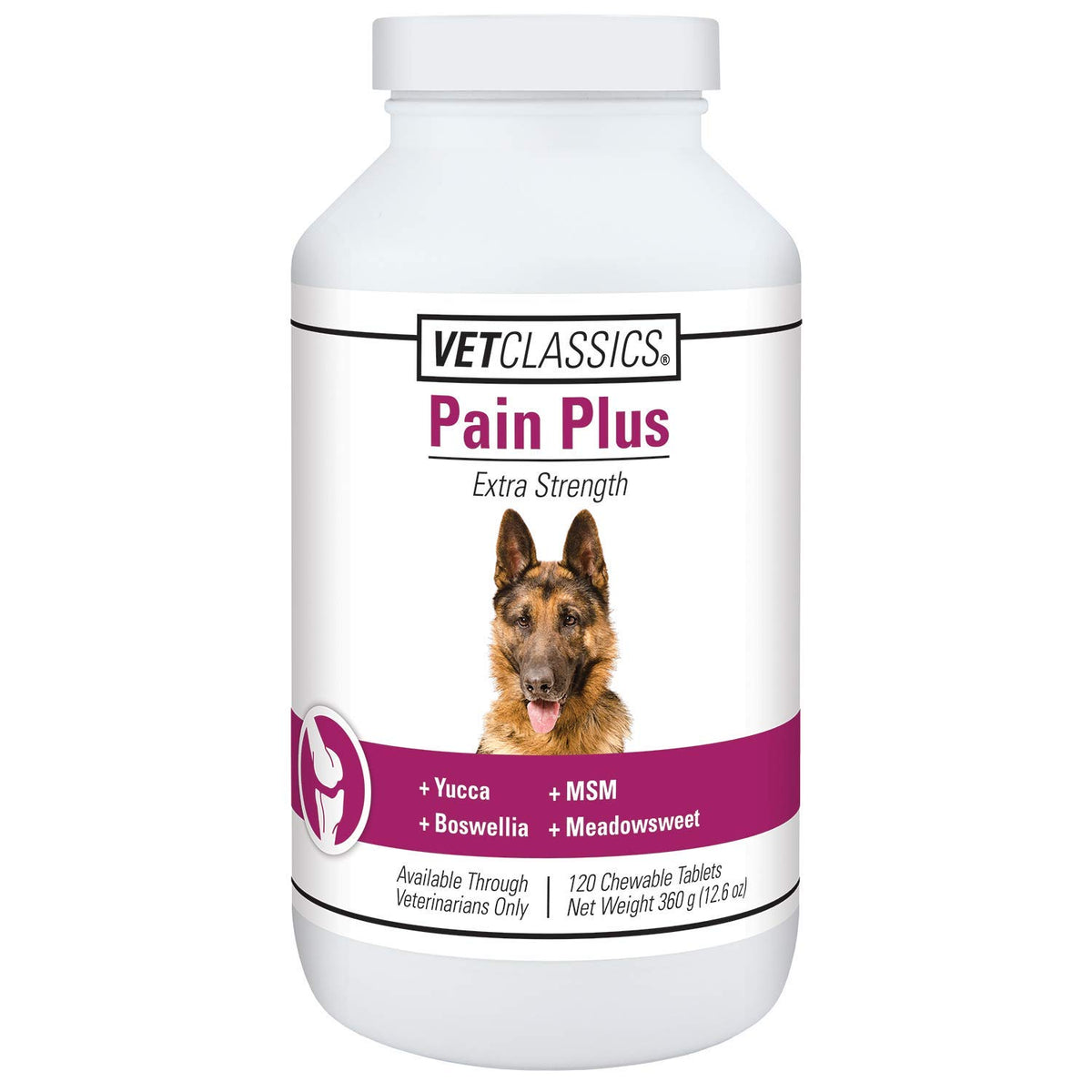 Vet Classics Pain Plus chewable tablets bottle front view supports daily dog comfort