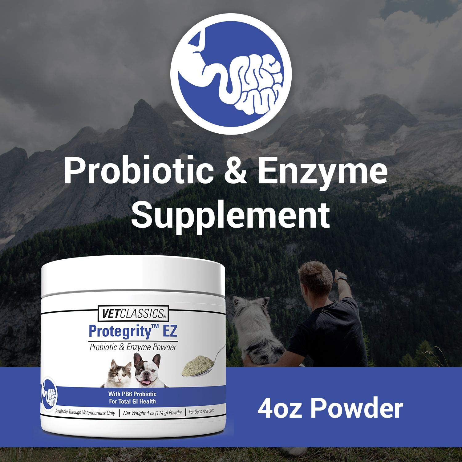 Vet Classics Protegrity EZ probiotic powder packaging for cats and dogs' digestion