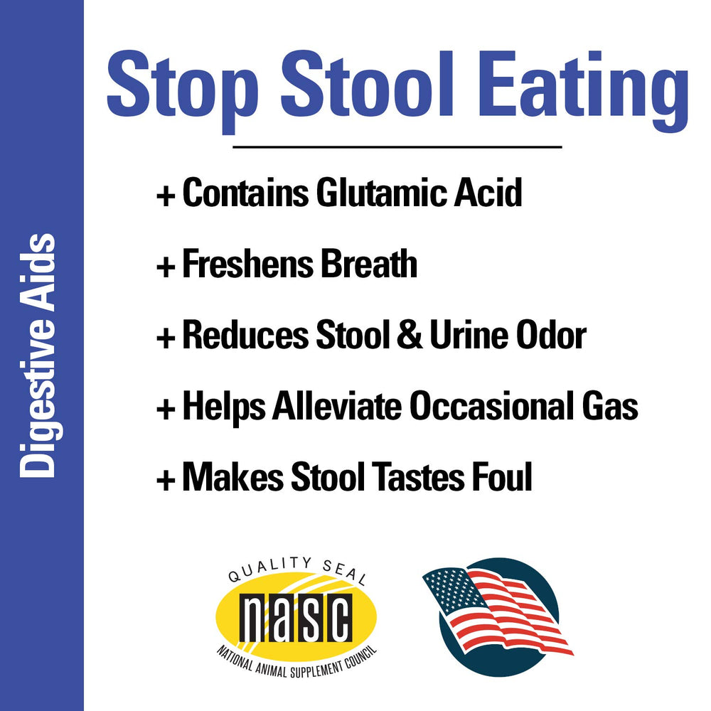 Dog with Vet Classics Stop Stool Eating chews for fresh breath and deterrence.