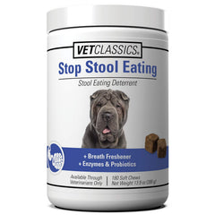 Vet Classics Stop Stool Eating soft-chews bottle demonstrates deterrent support for stool-eating behavior.