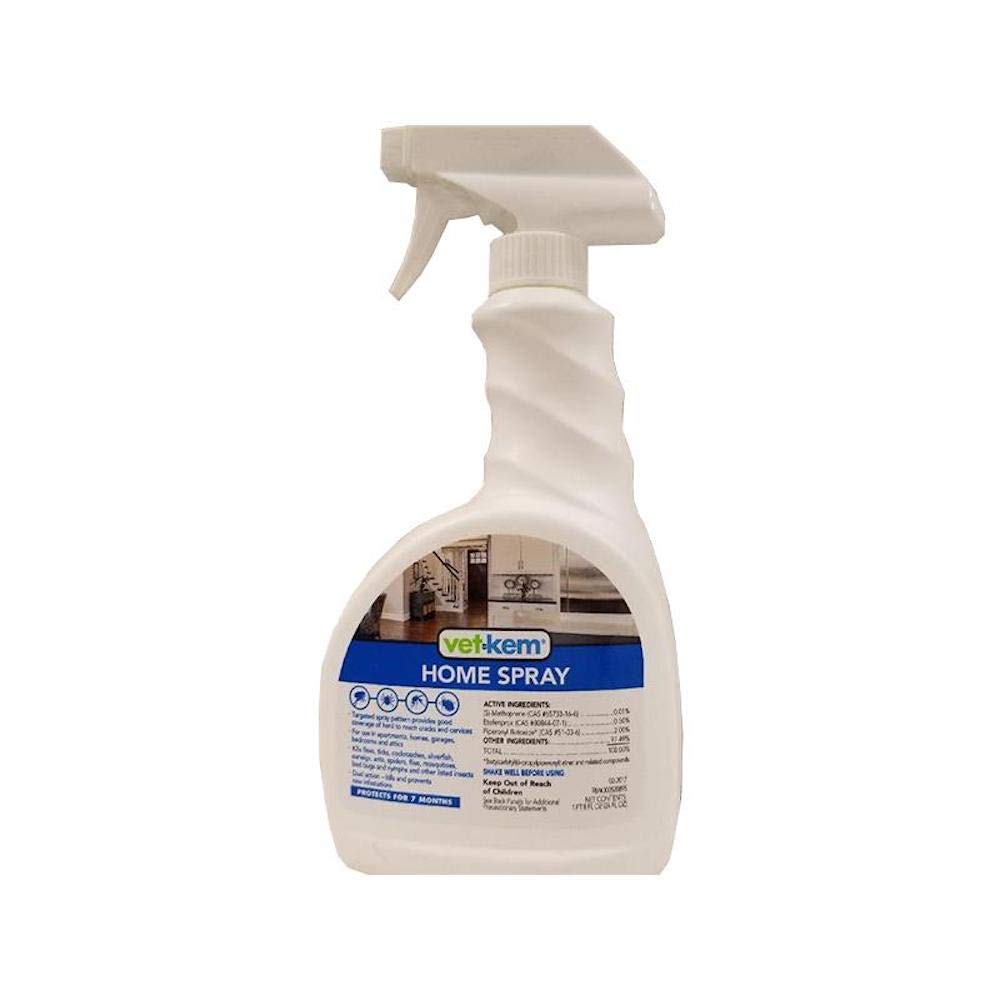 Vet-Kem Home Spray 24oz bottle for treating carpets and upholstered furniture against fleas.