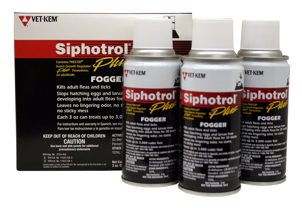 Vet-Kem Siphotrol Plus Fogger 9oz pack for multi-room flea control and reinfestation prevention