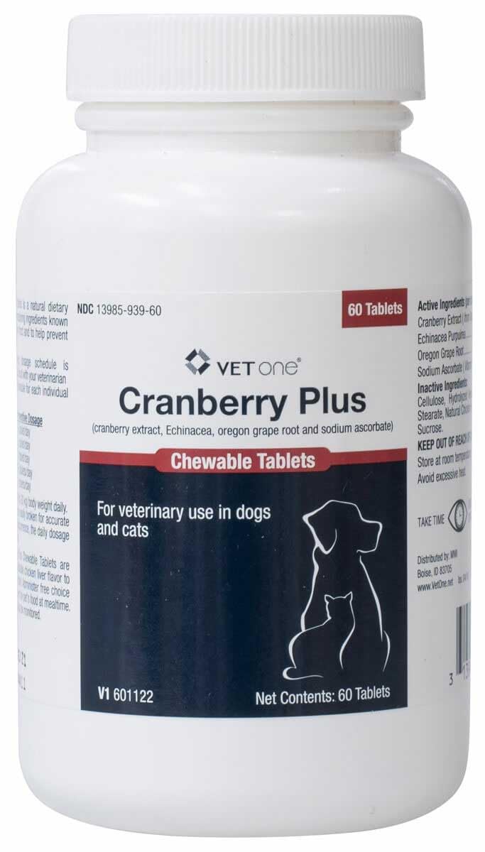 Vet One Cranberry Plus bottle closeup for urinary tract support.
