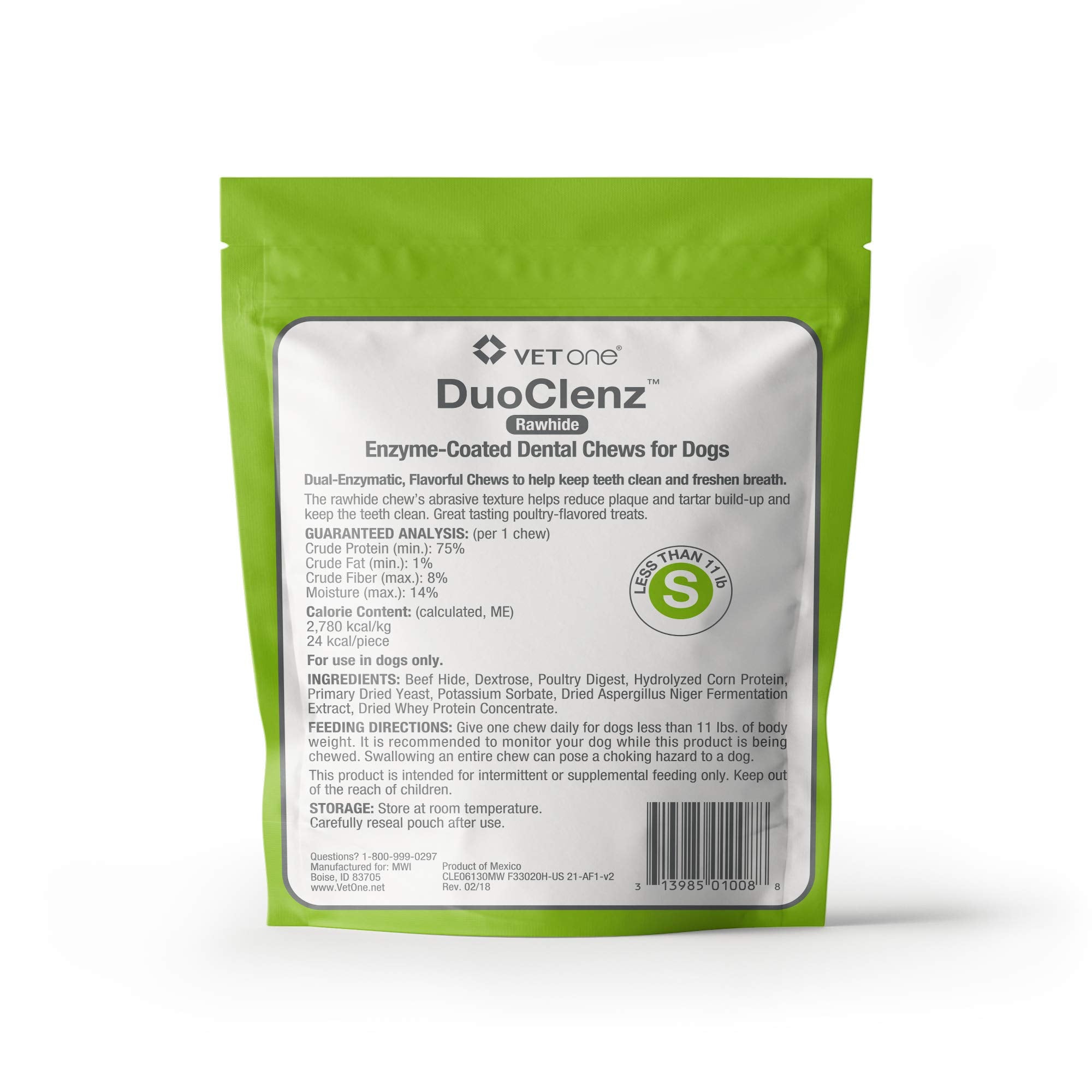 Chews con textura de cuero crudo, Vet One DuoClenz, para limpieza dental suave.