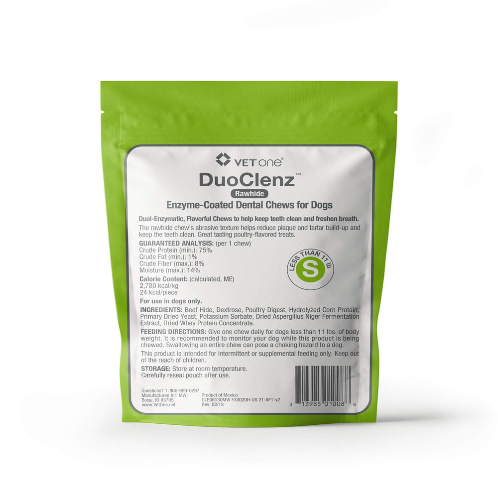Chews con textura de cuero crudo, Vet One DuoClenz, para limpieza dental suave.