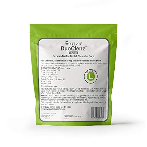 Vet One DuoClenz chews for large dogs back-view package highlights palatable poultry flavor.