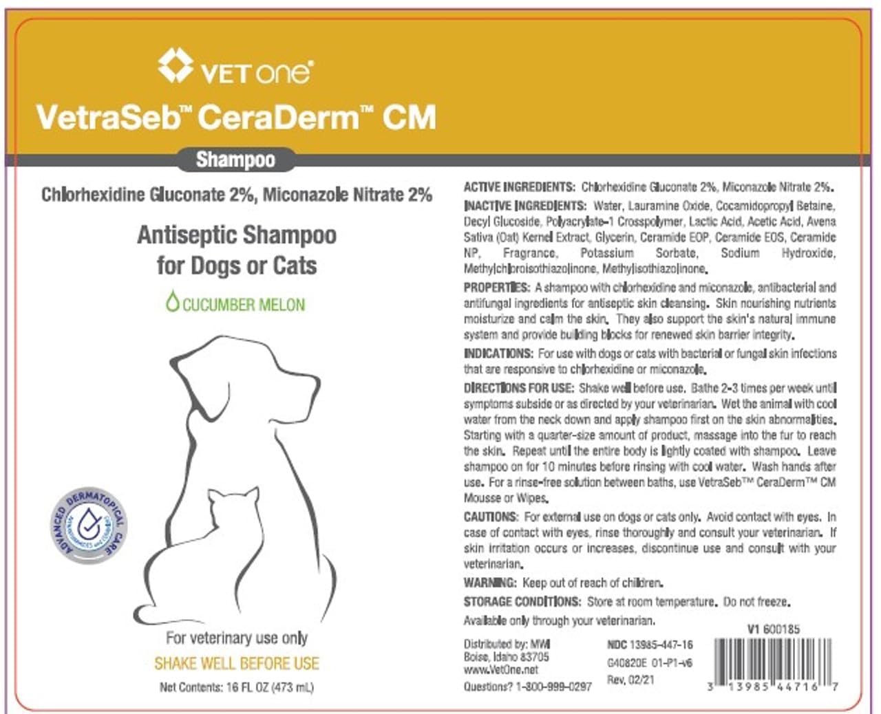 Vet One NDC 13985-447-16 label close-up shows dosing and regulatory info