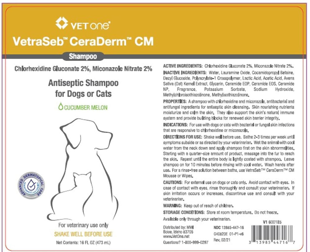 Vet One NDC 13985-447-16 label close-up shows dosing and regulatory info