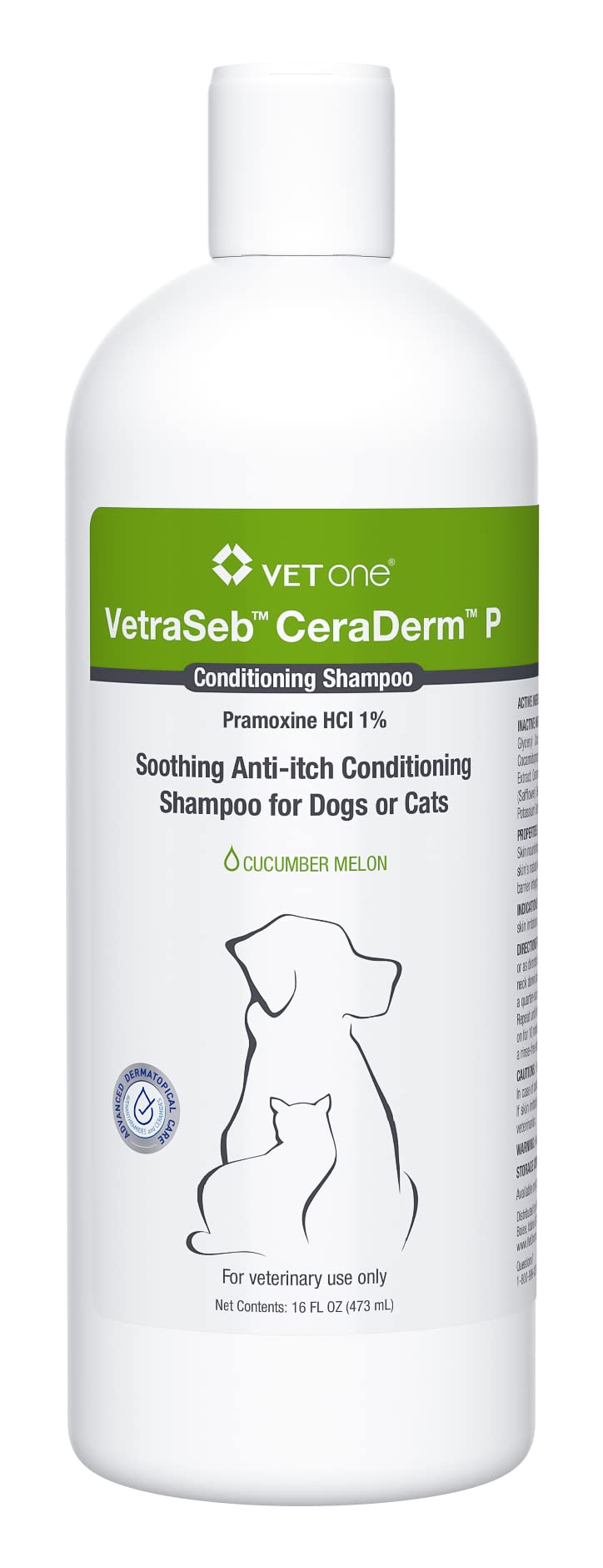 Vet One VetraSeb CeraDerm P Conditioning Shampoo bottle highlighting soothing formula for dry skin in pets.