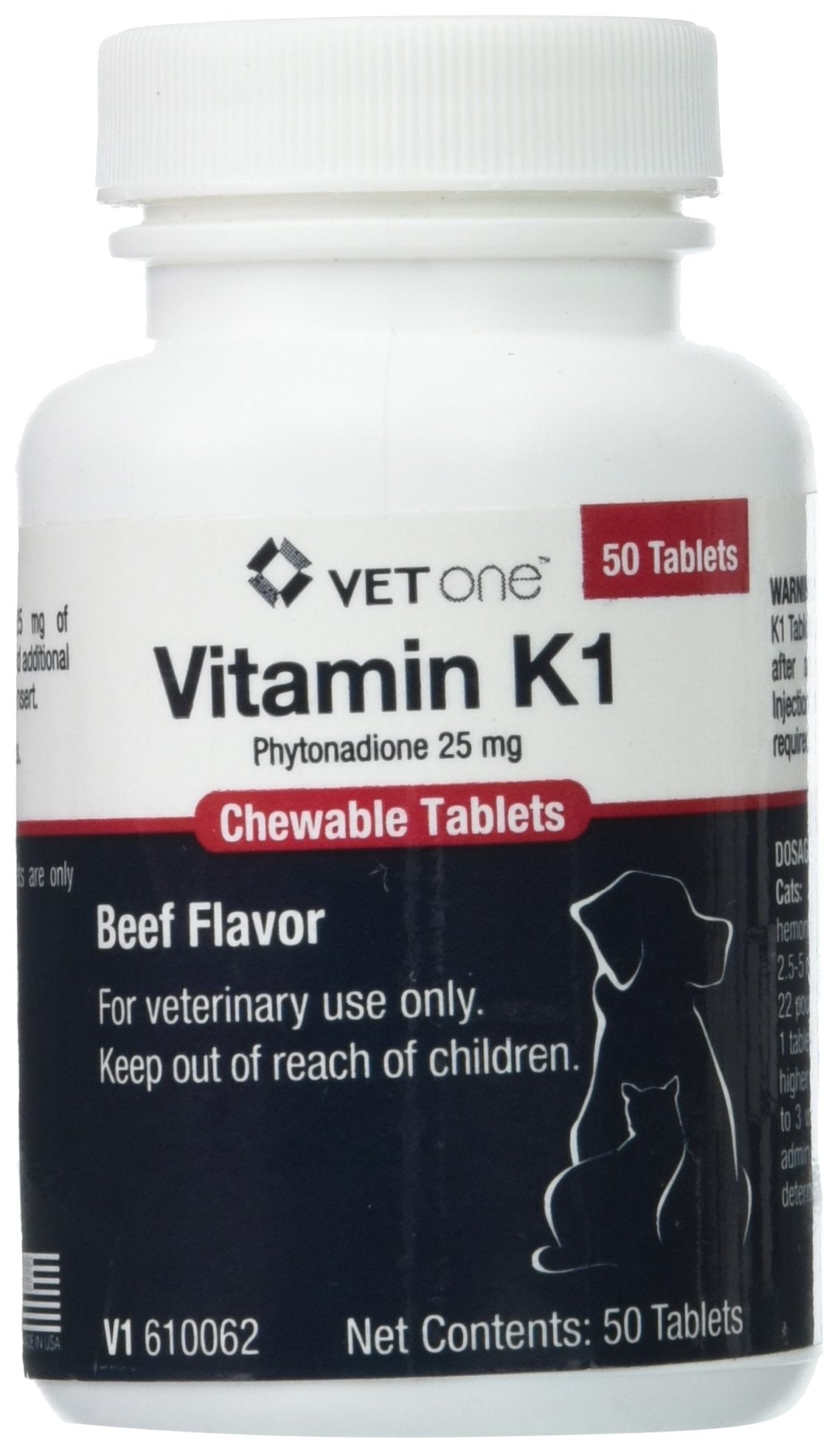 Vet One Vitamin K1 chewable tablets in beef flavor for dogs and cats to support healthy blood clotting.