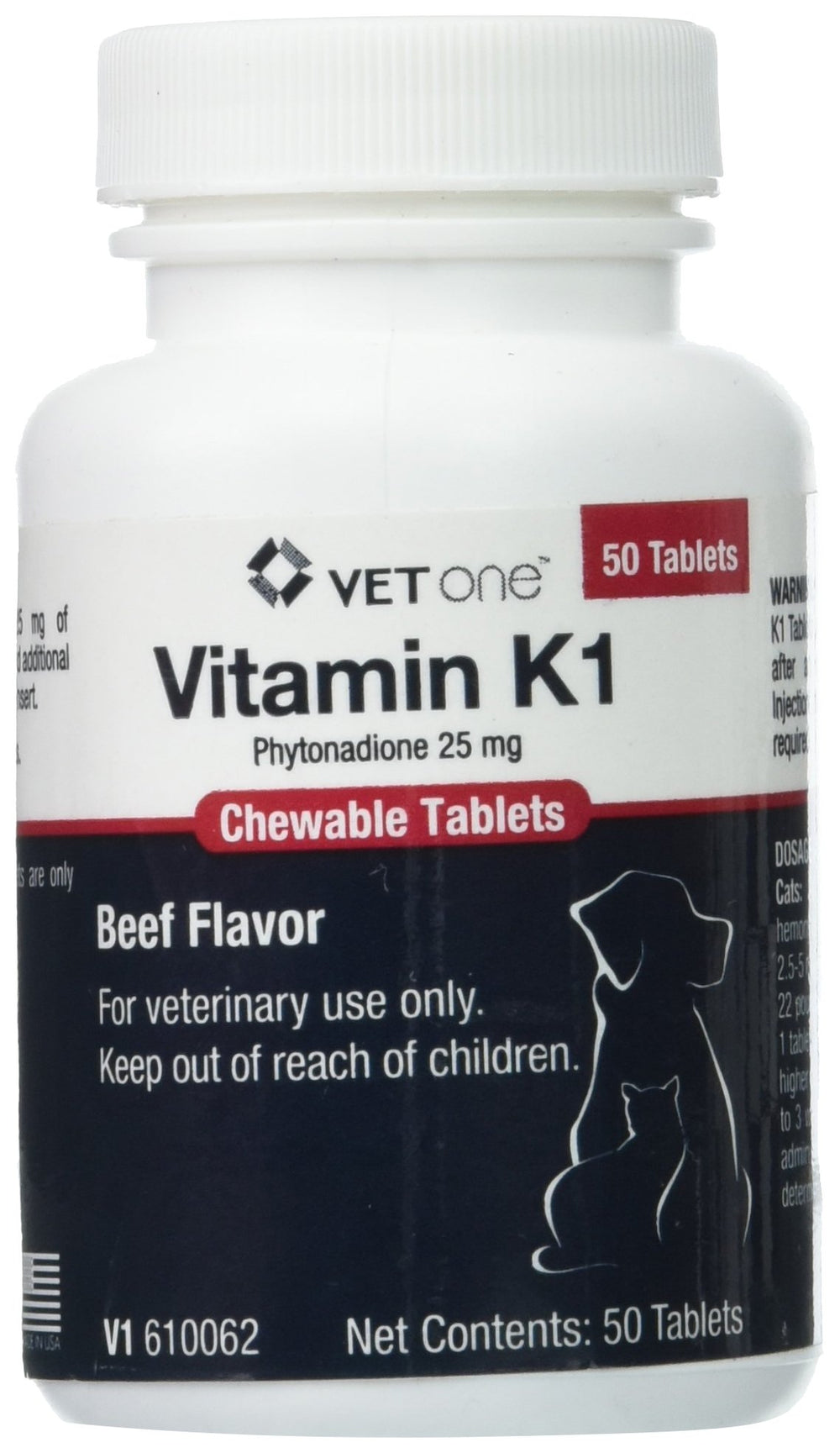 Vet One Vitamin K1 chewable tablets in beef flavor for dogs and cats to support healthy blood clotting.