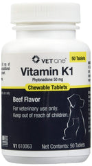 Vet One Vitamin K1 chewables for dogs and cats; beef flavor aids easy administration.