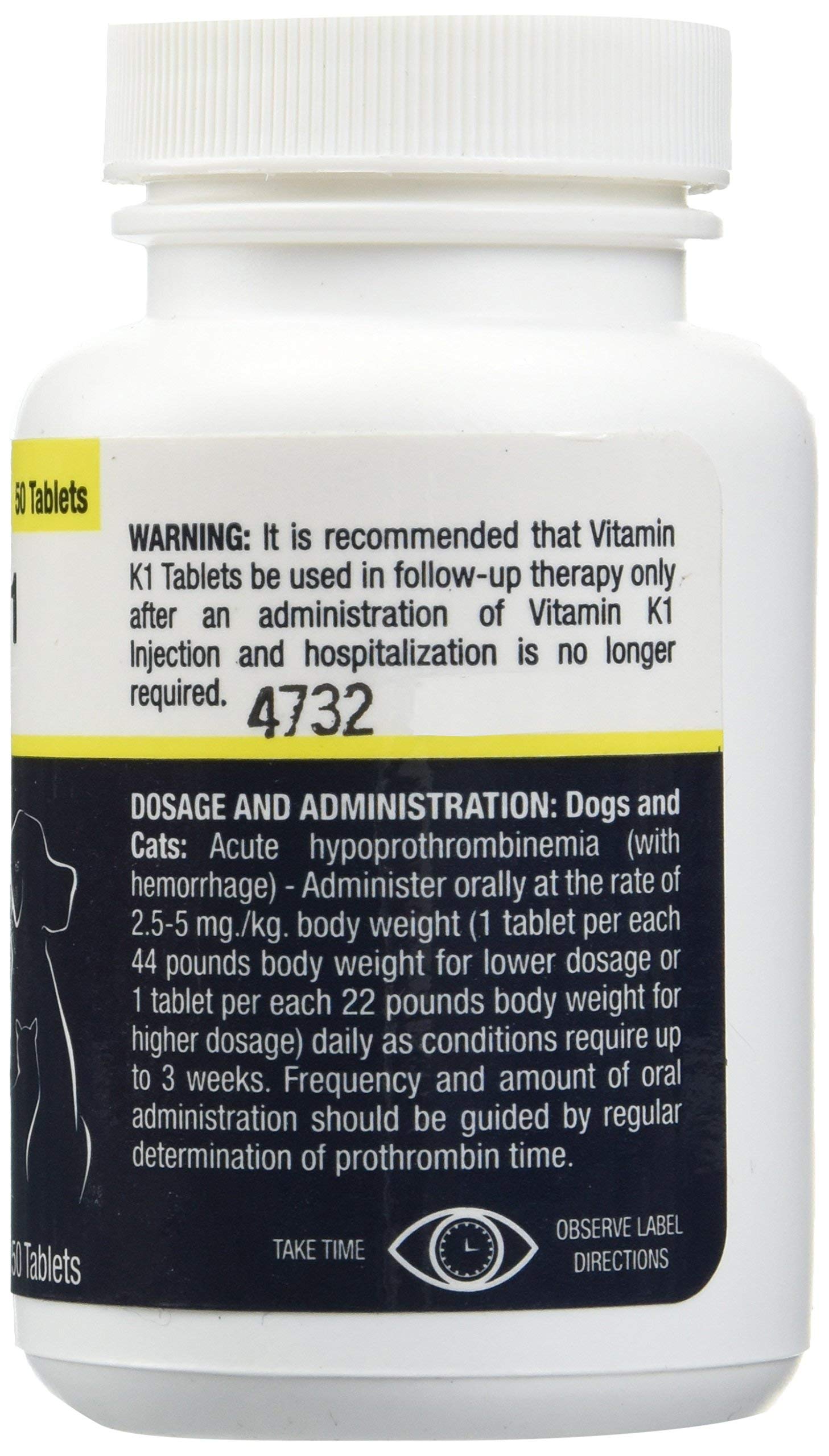 Vet One Vitamin K1 packaging shows 50-count bottle for convenient follow-up therapy.