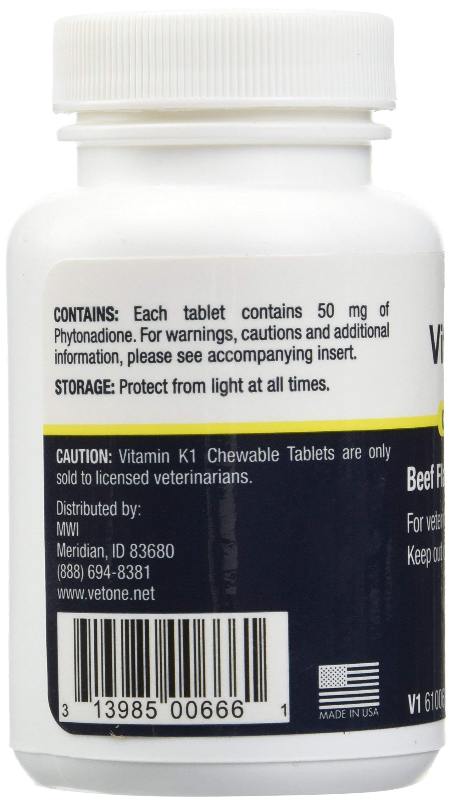 Vet One Vitamin K1 chewables closeup; 50 mg phytonadione per tablet aids normal coagulation.