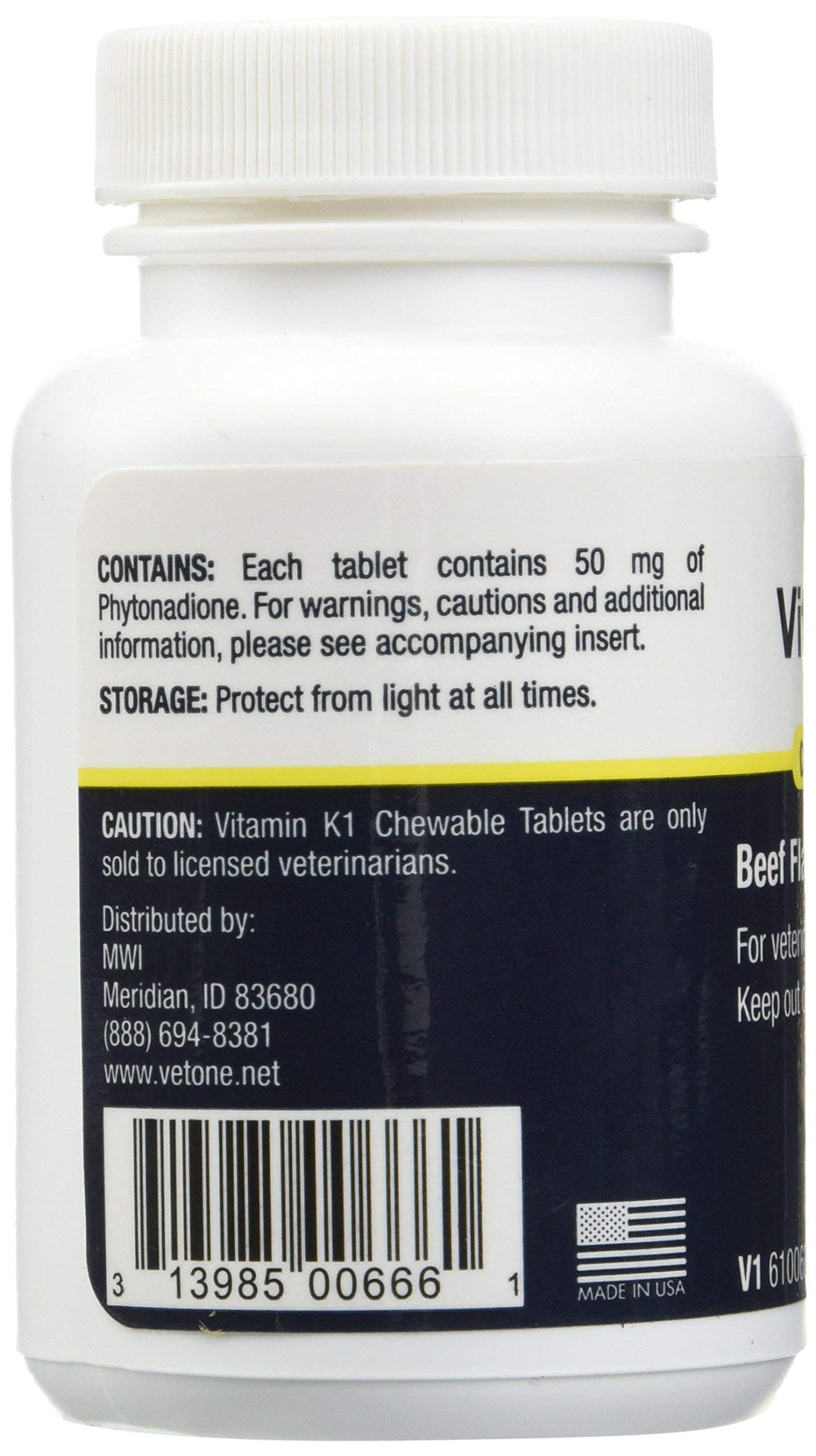 Vet One Vitamin K1 chewables closeup; 50 mg phytonadione per tablet aids normal coagulation.