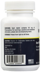 Vet One Vitamin K1 chewables closeup; 50 mg phytonadione per tablet aids normal coagulation.