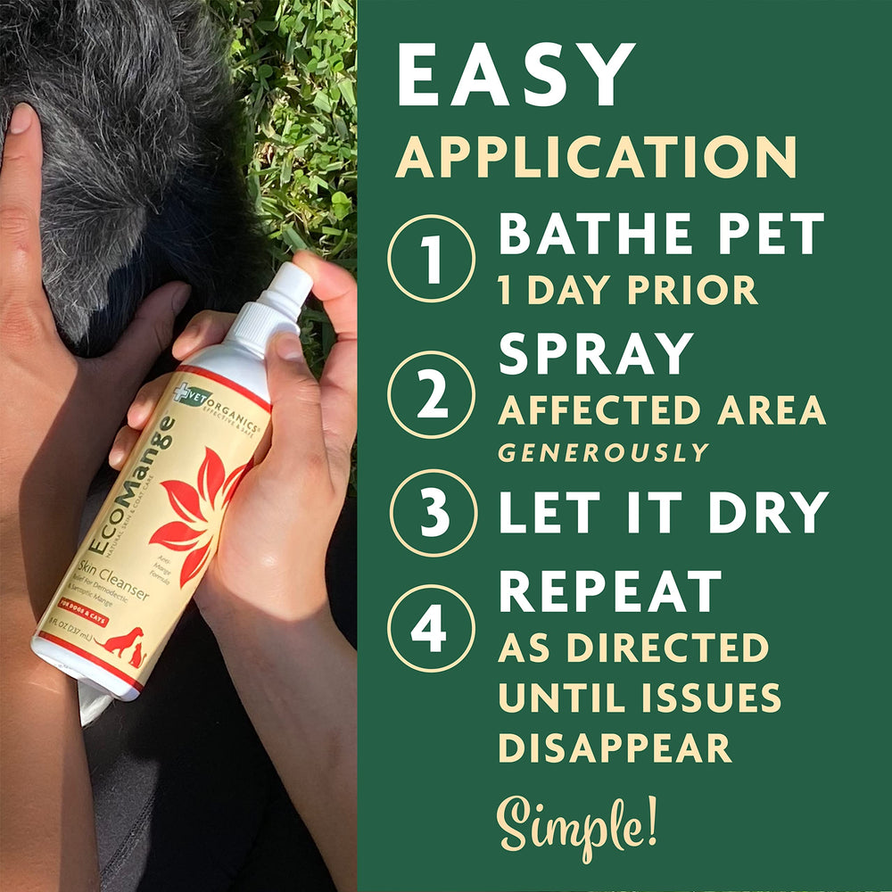 Vet Organics EcoMange-dogs-and-cats-usage shows gentle spray on affected patches