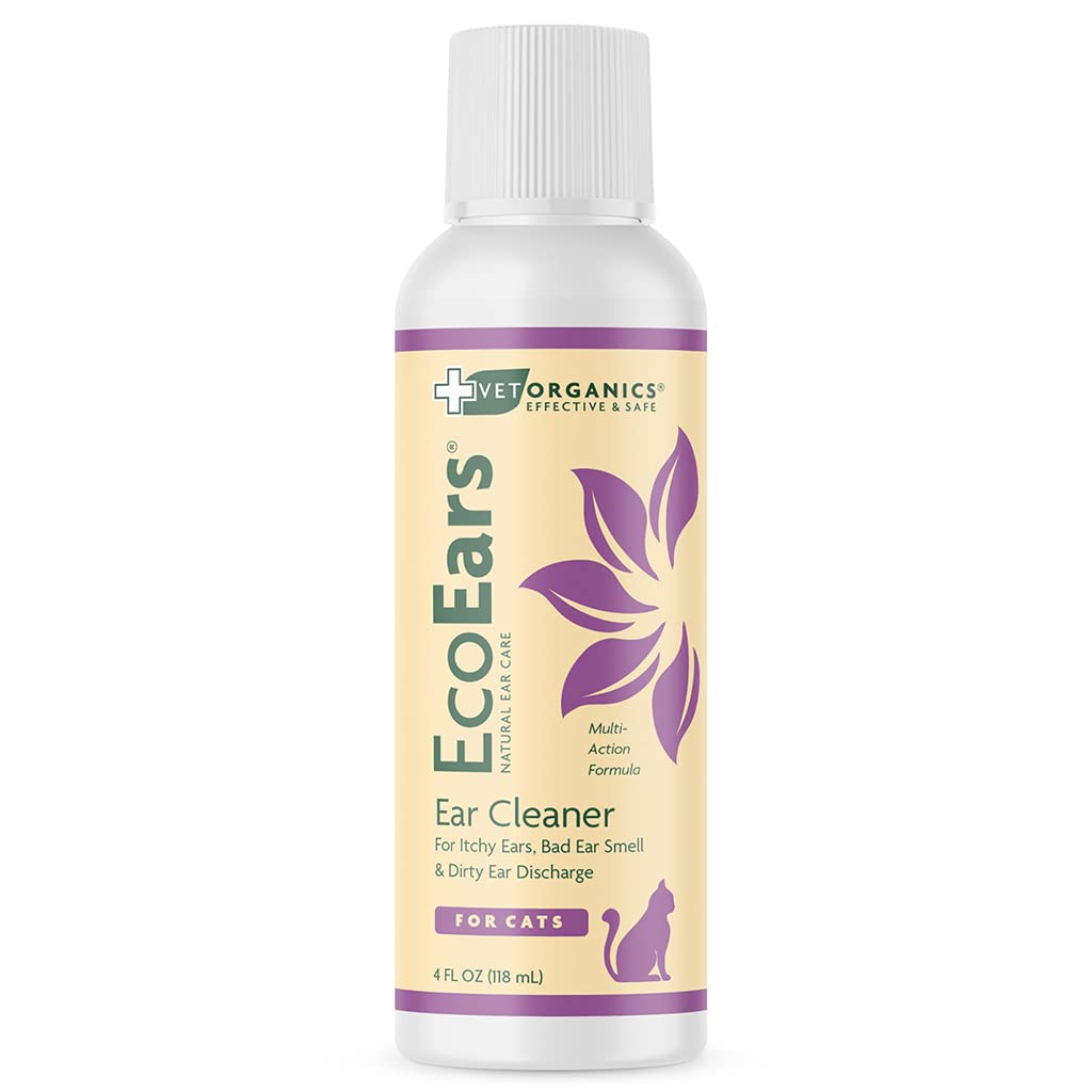 Vet Organics EcoEars cat ear cleaner bottle demonstrates natural multi-action formula for gentle cleansing and odor control.