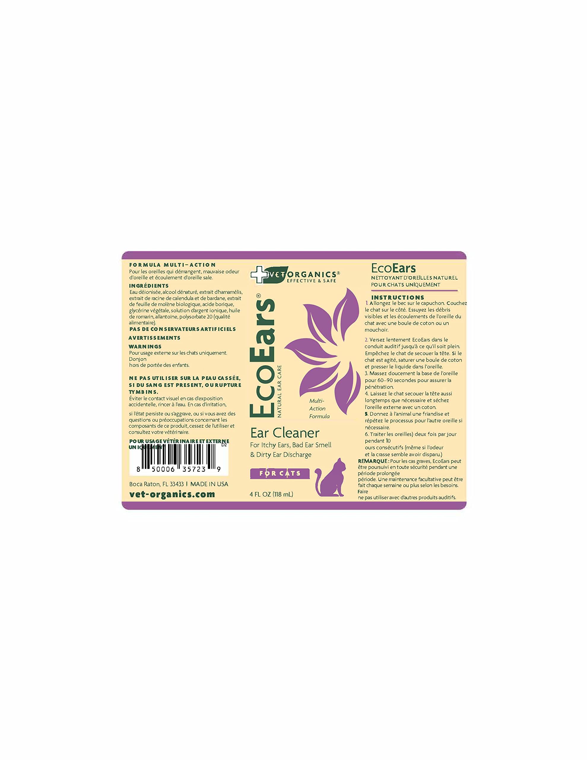 Vet Organics EcoEars bottle with a satisfaction guarantee for reliable ear cleaning.
