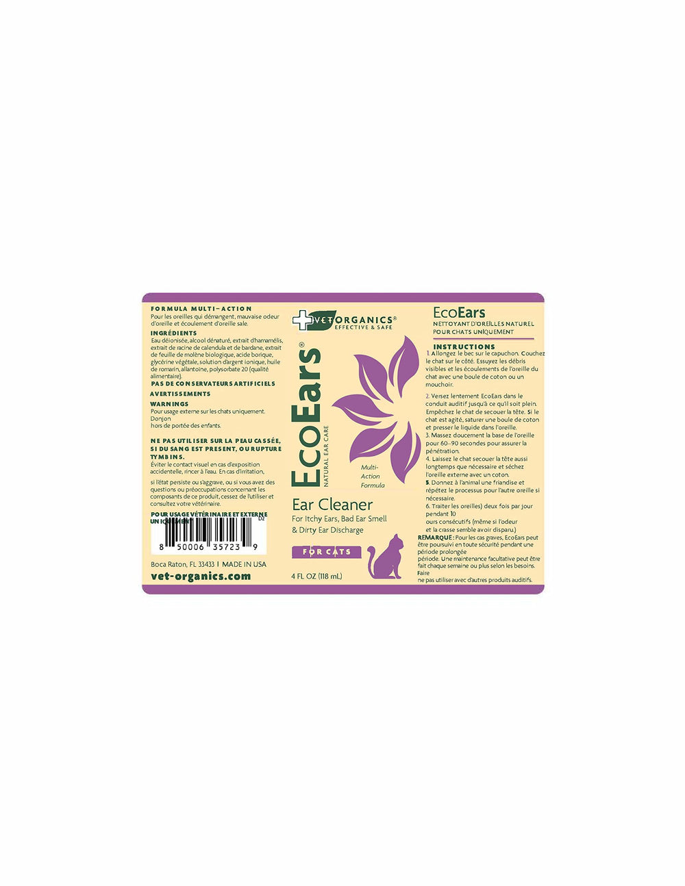 Vet Organics EcoEars bottle with a satisfaction guarantee for reliable ear cleaning.