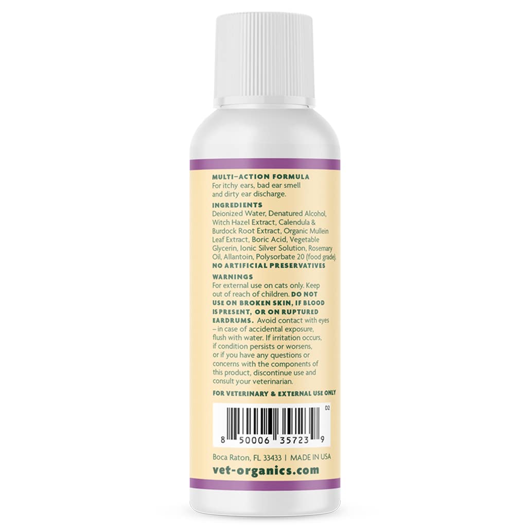 Vet Organics EcoEars multi-action cleaner close-up highlighting soothing scent and debris removal.