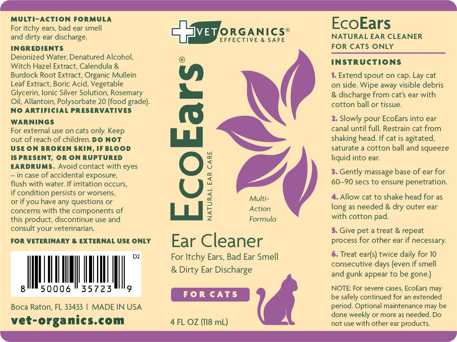 Vet Organics EcoEars natural formula ingredients displayed, emphasizing plant-based cleansing and allergy-friendly care.