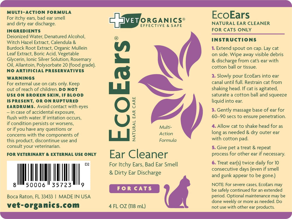 Vet Organics EcoEars natural formula ingredients displayed, emphasizing plant-based cleansing and allergy-friendly care.