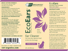 Vet Organics EcoEars natural formula ingredients displayed, emphasizing plant-based cleansing and allergy-friendly care.