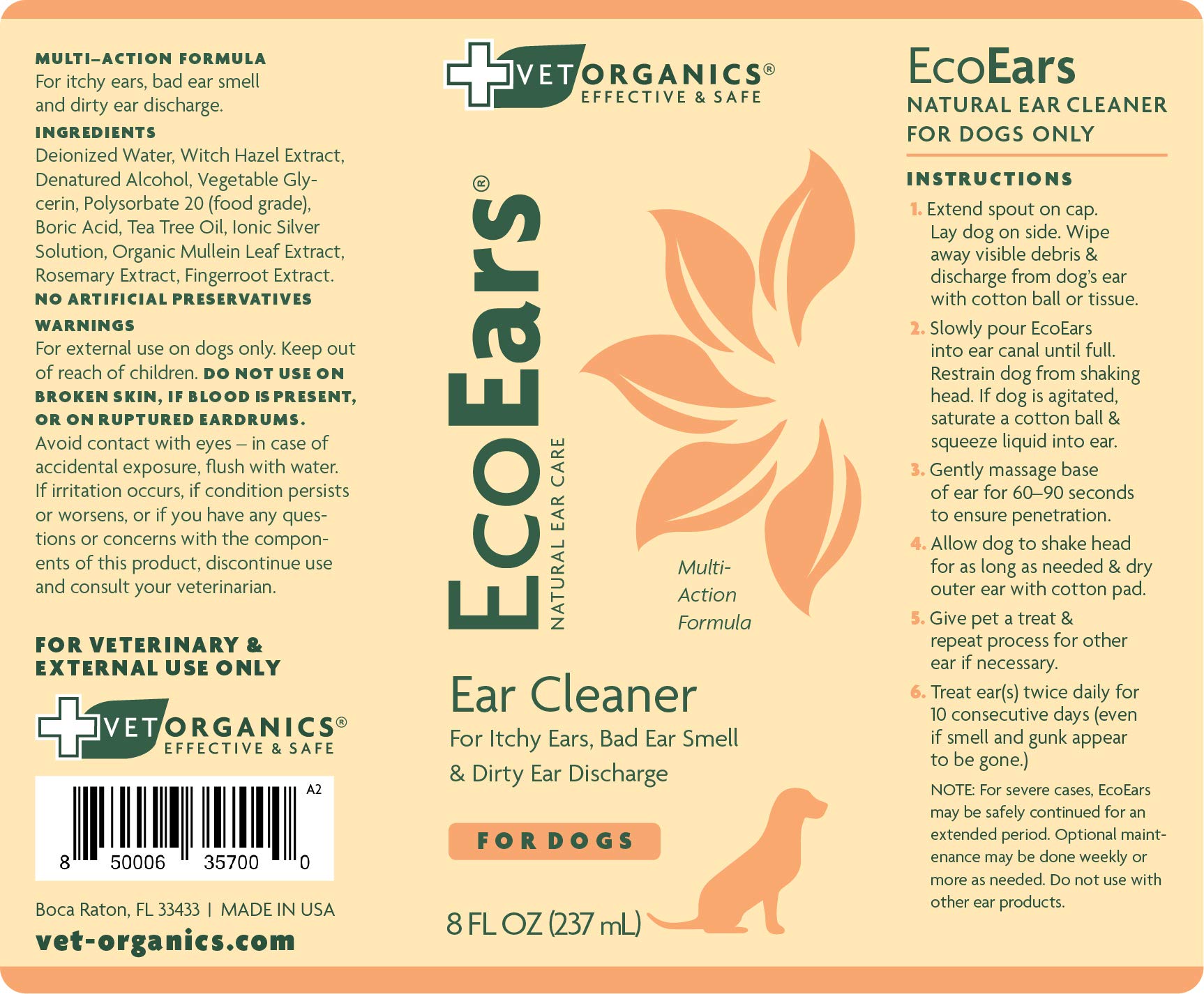 Vet Organics EcoEars packaging side view highlighting all-natural formula