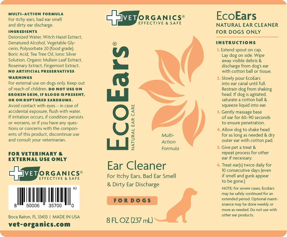 Vet Organics EcoEars packaging side view highlighting all-natural formula