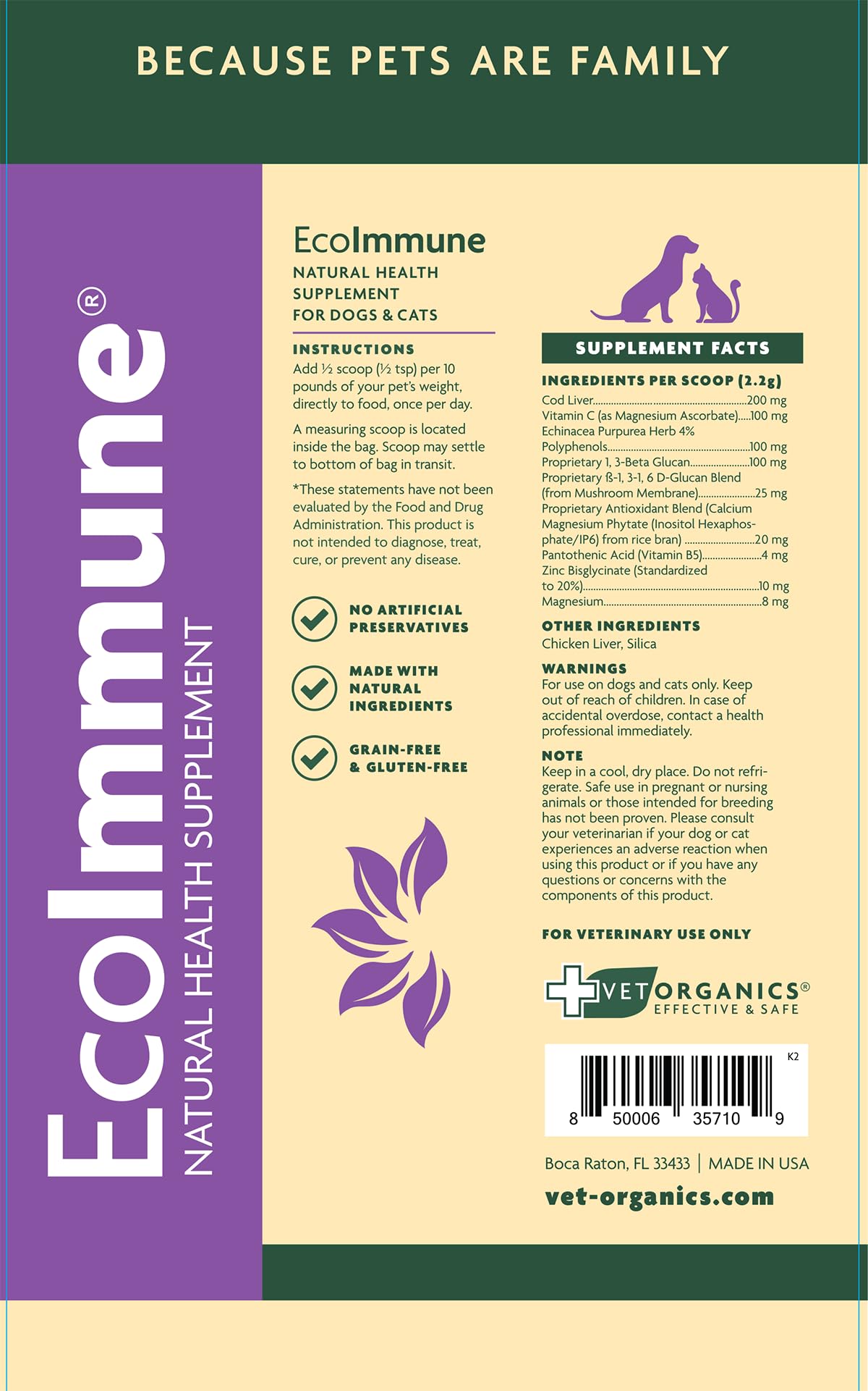 Vet Organics EcoImmune dosage-scoop demonstrates easy ½ scoop per 10 pounds daily.