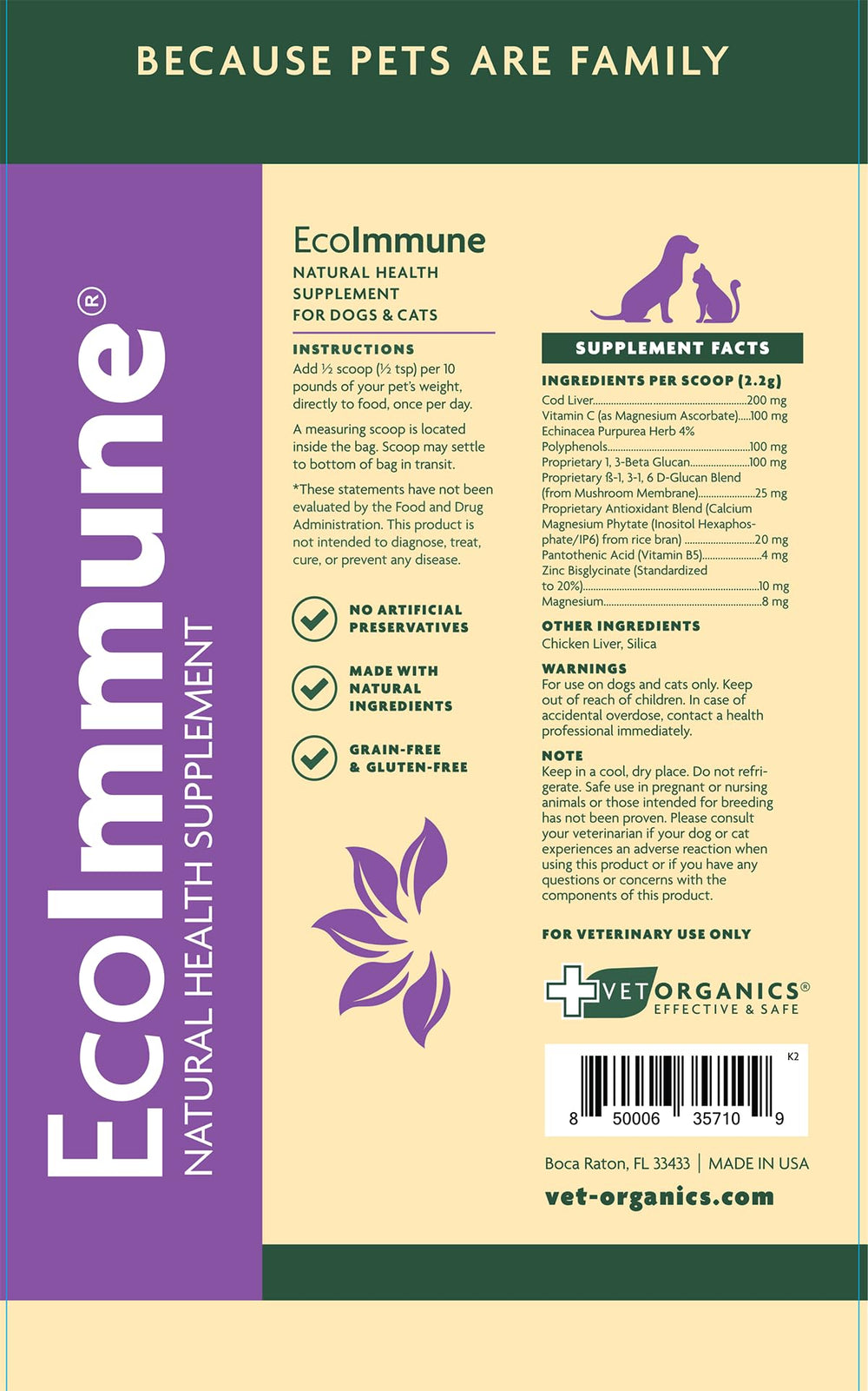 Vet Organics EcoImmune dosage-scoop demonstrates easy ½ scoop per 10 pounds daily.