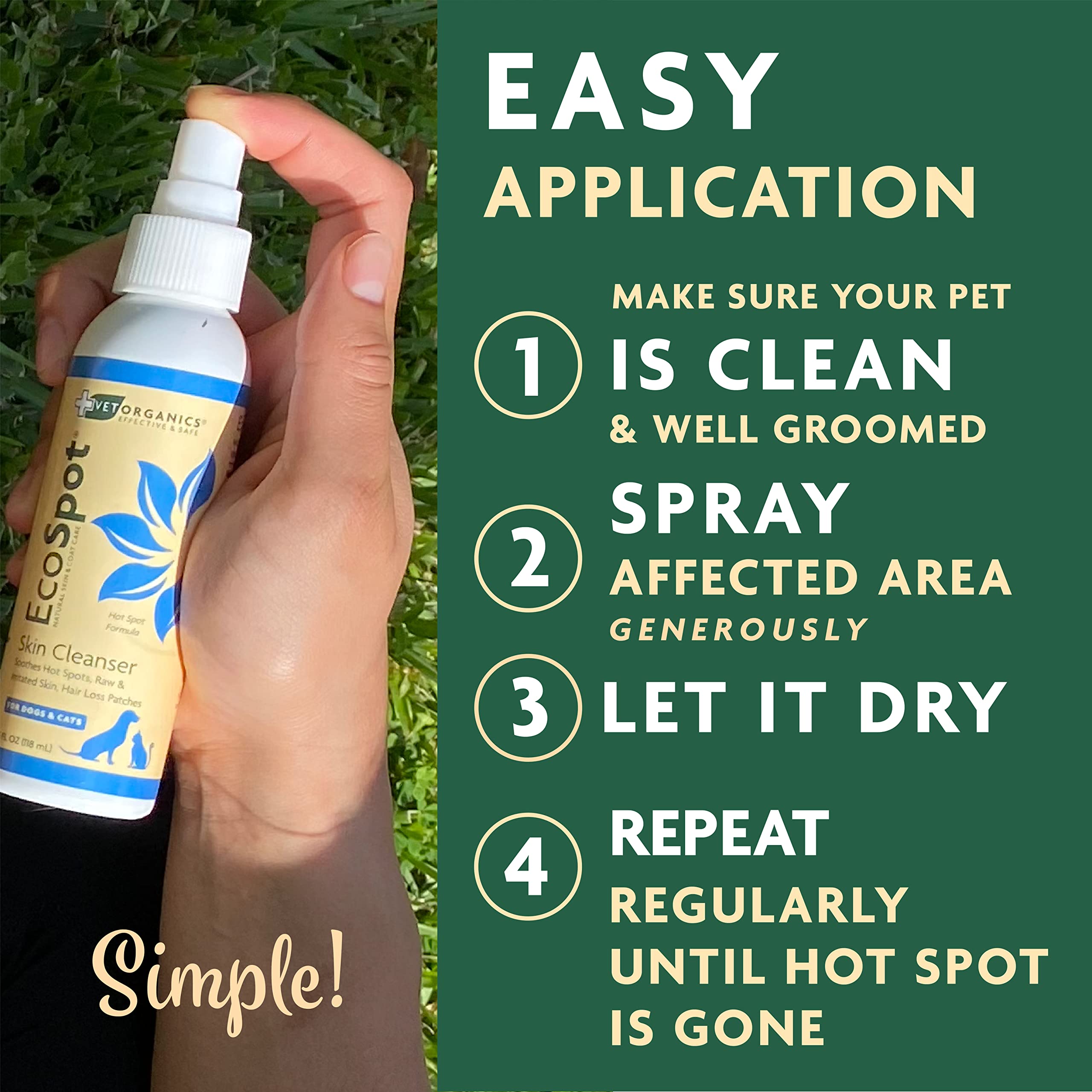 Vet Organics EcoSpot cat-application focuses on irritated skin with herbal ingredients.