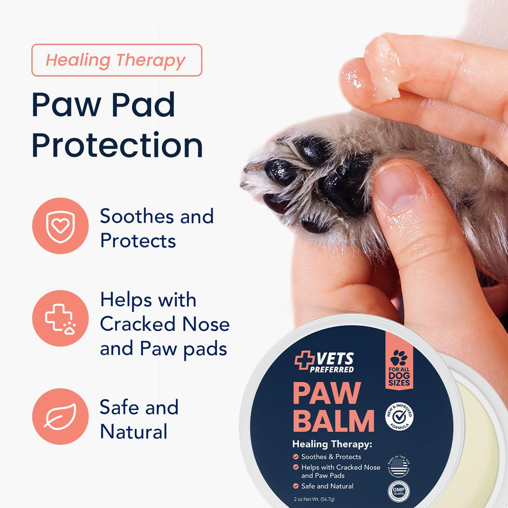 Aplicación rápida del Bálsamo Vets Preferred en patitas para protección.