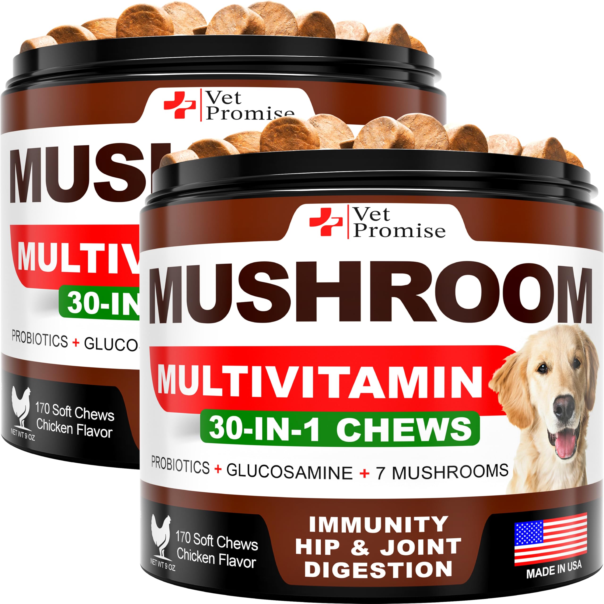 Vet Promise 2-pack mushroom for dogs bottle front promotes immunity and daily wellness