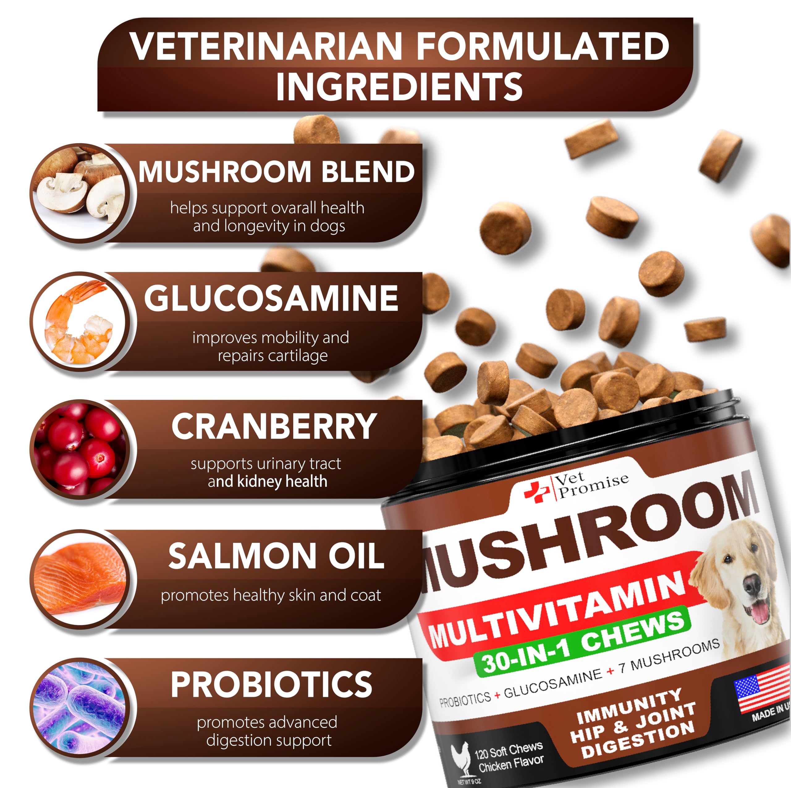 Vet Promise mushroom for dogs turkey tail chews close-up supports daily wellness