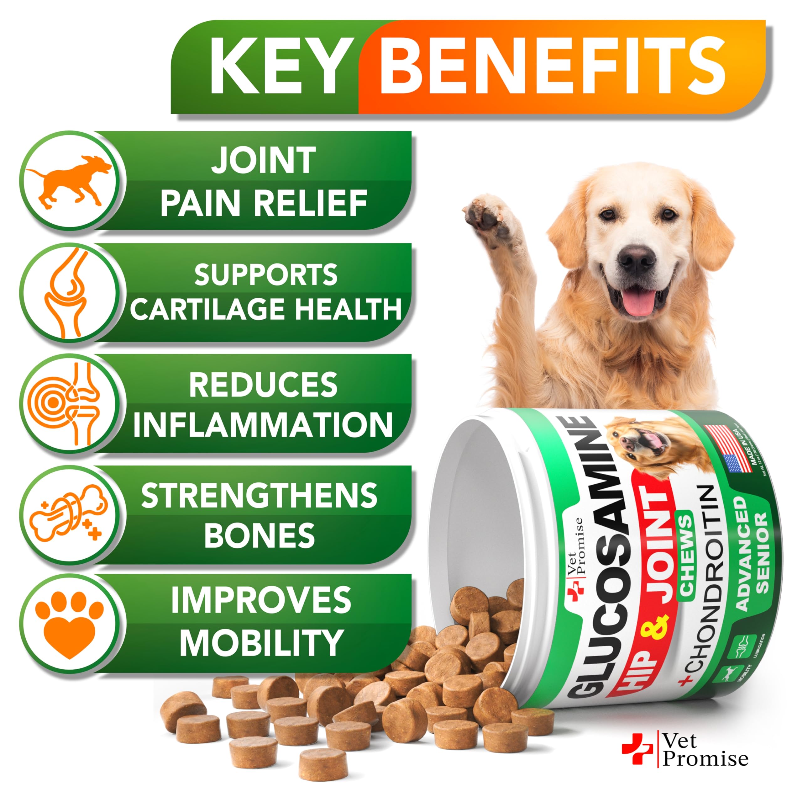 Vet Promise glucosamine chews closeup showing natural ingredients for mobility.