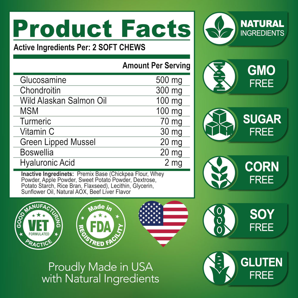 Vet Promise ingredients chart featuring glucosamine, chondroitin, and MSM benefits.