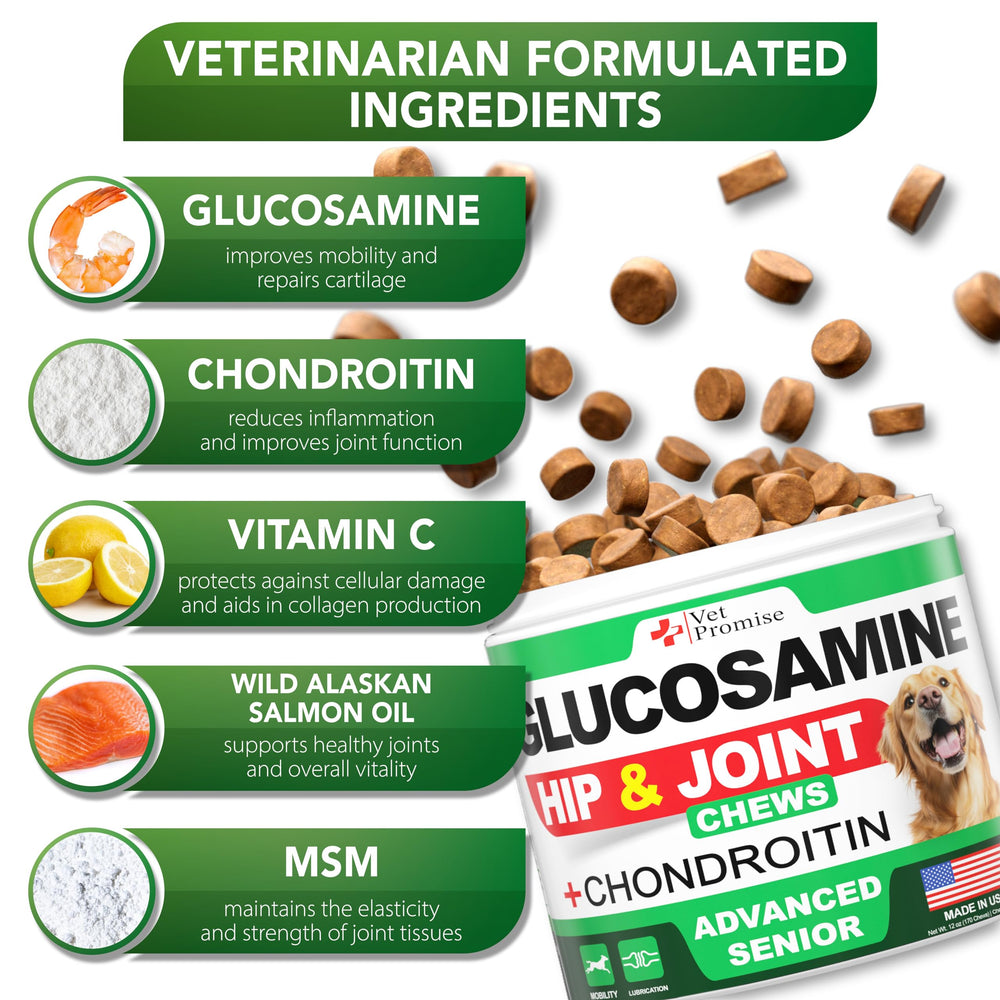 Vet Promise Advanced Glucosamine supports older dogs with smoother movement.