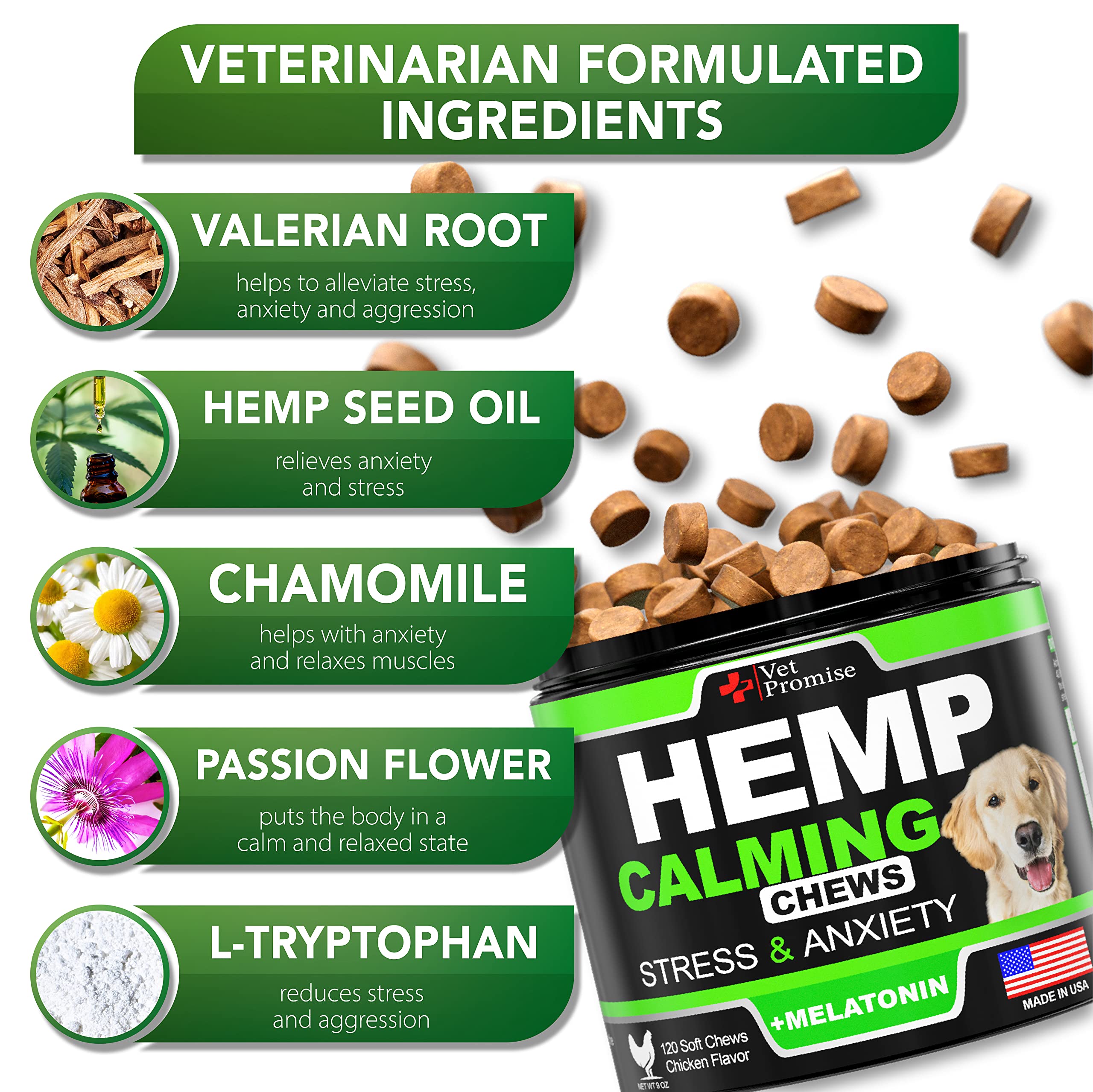 Vet Promise calming chews for dogs featuring melatonin and valerian for calmer car rides