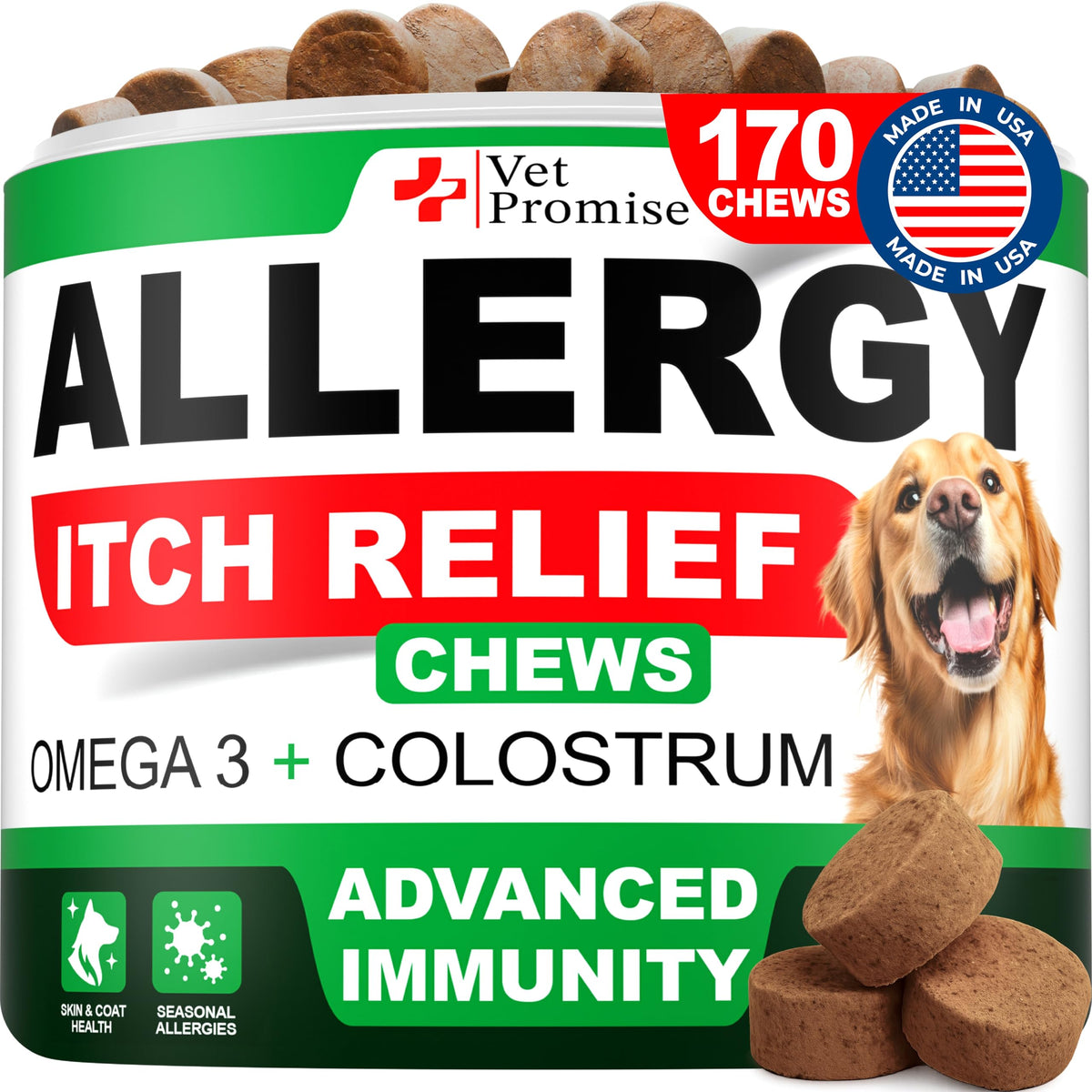 Vet Promise dog allergy chews bottle shows daily itch and skin support in a vet-formulated formula