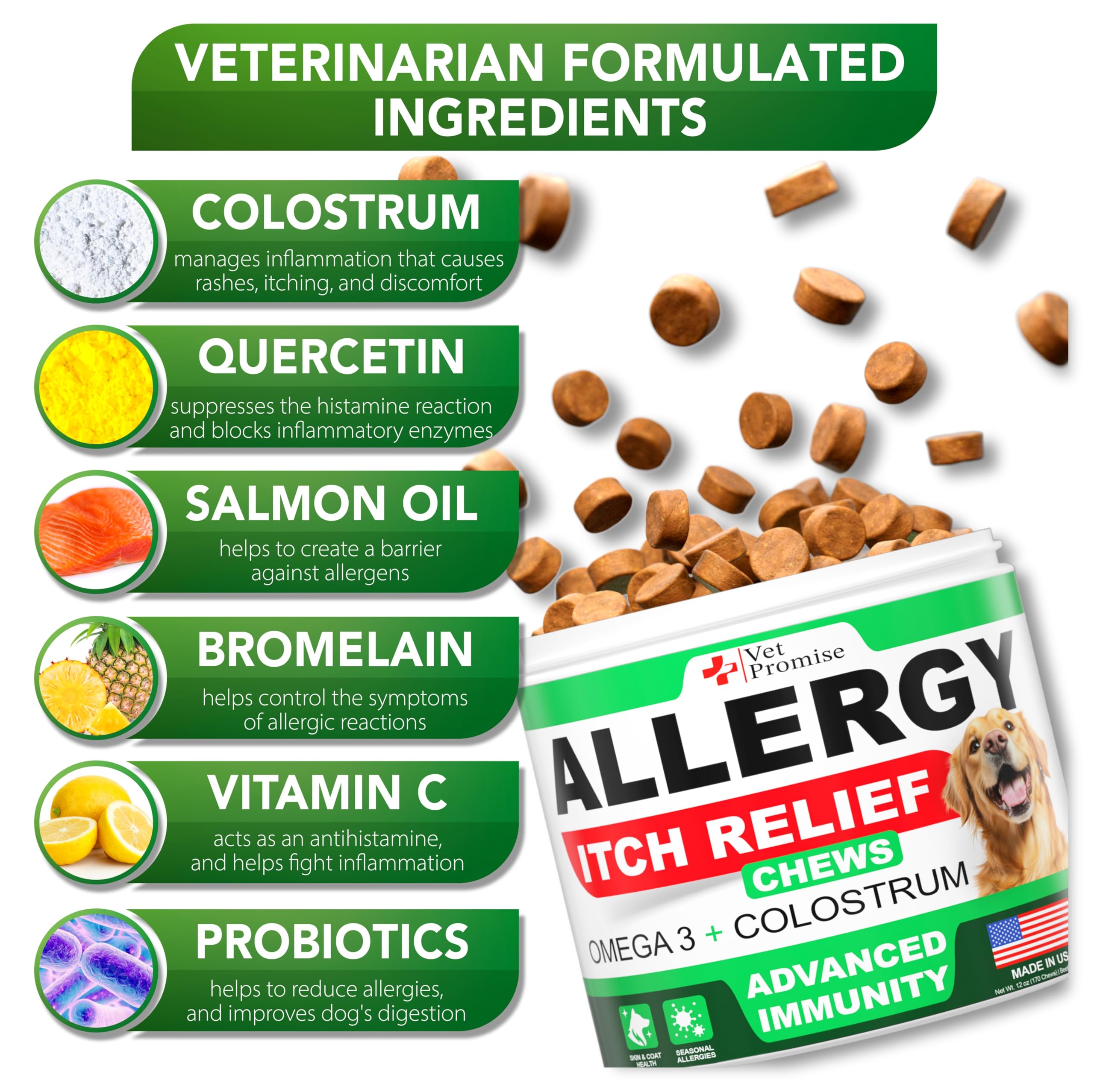 Vet Promise dog allergy chews ingredients omega-3 fish oil and colostrum for immune-supportive nutrition