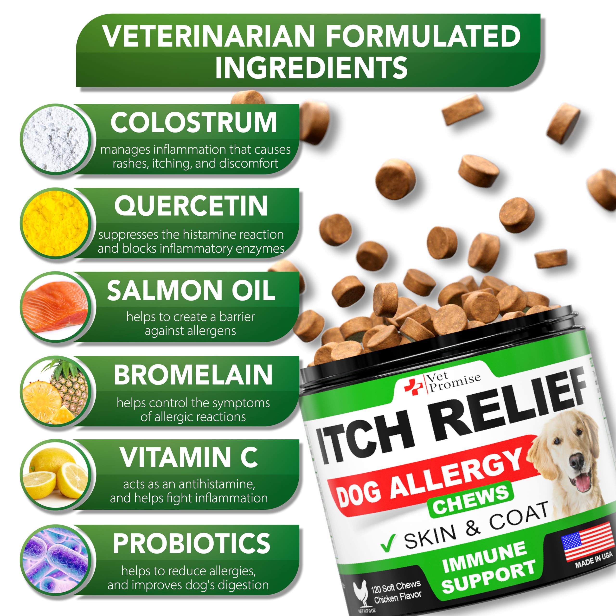 Vet Promise Dog Allergy Relief Chews omega-3 visual highlights skin and coat support