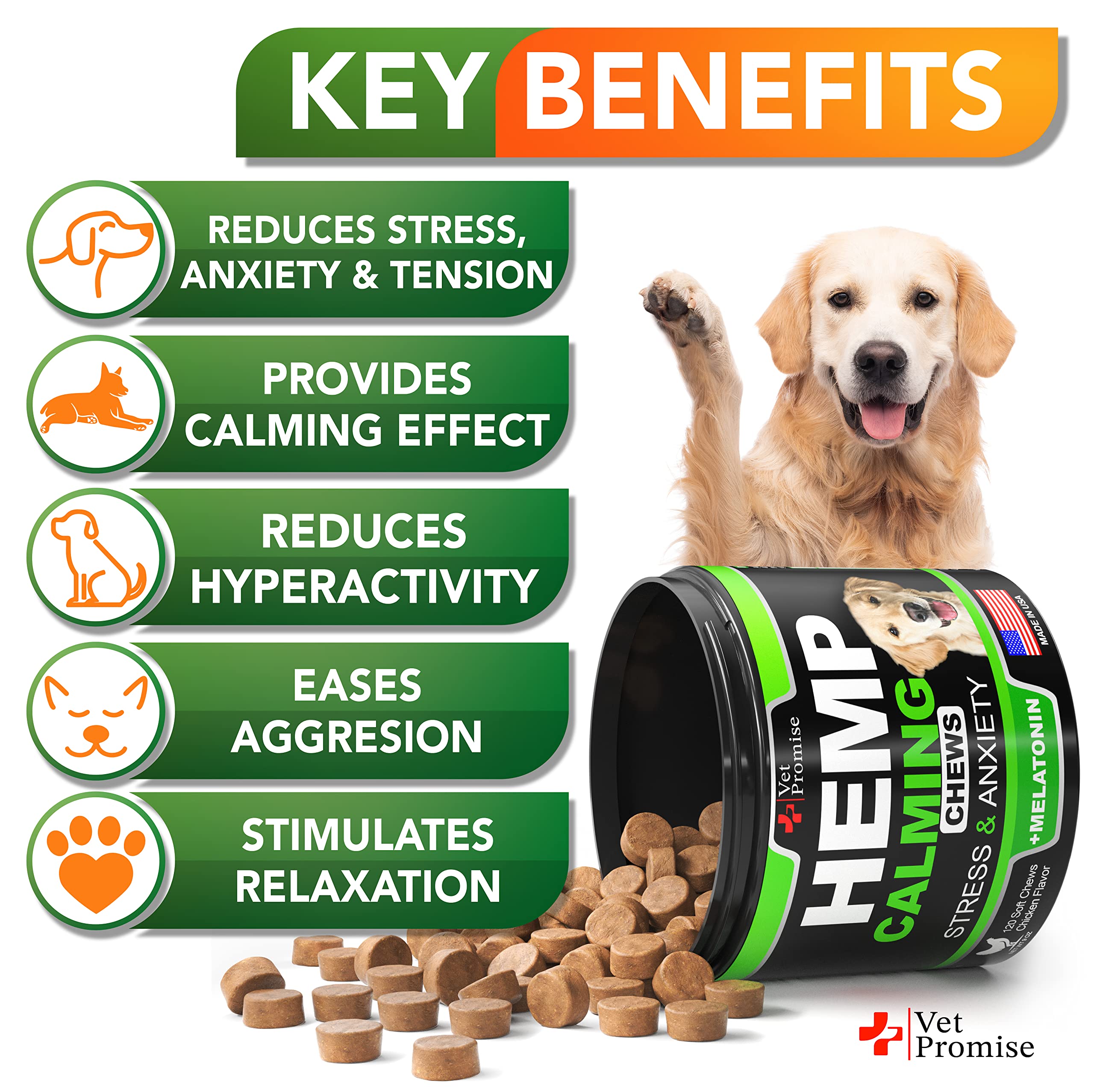Vet Promise dog anxiety treats soft chews with label emphasizing calming benefits