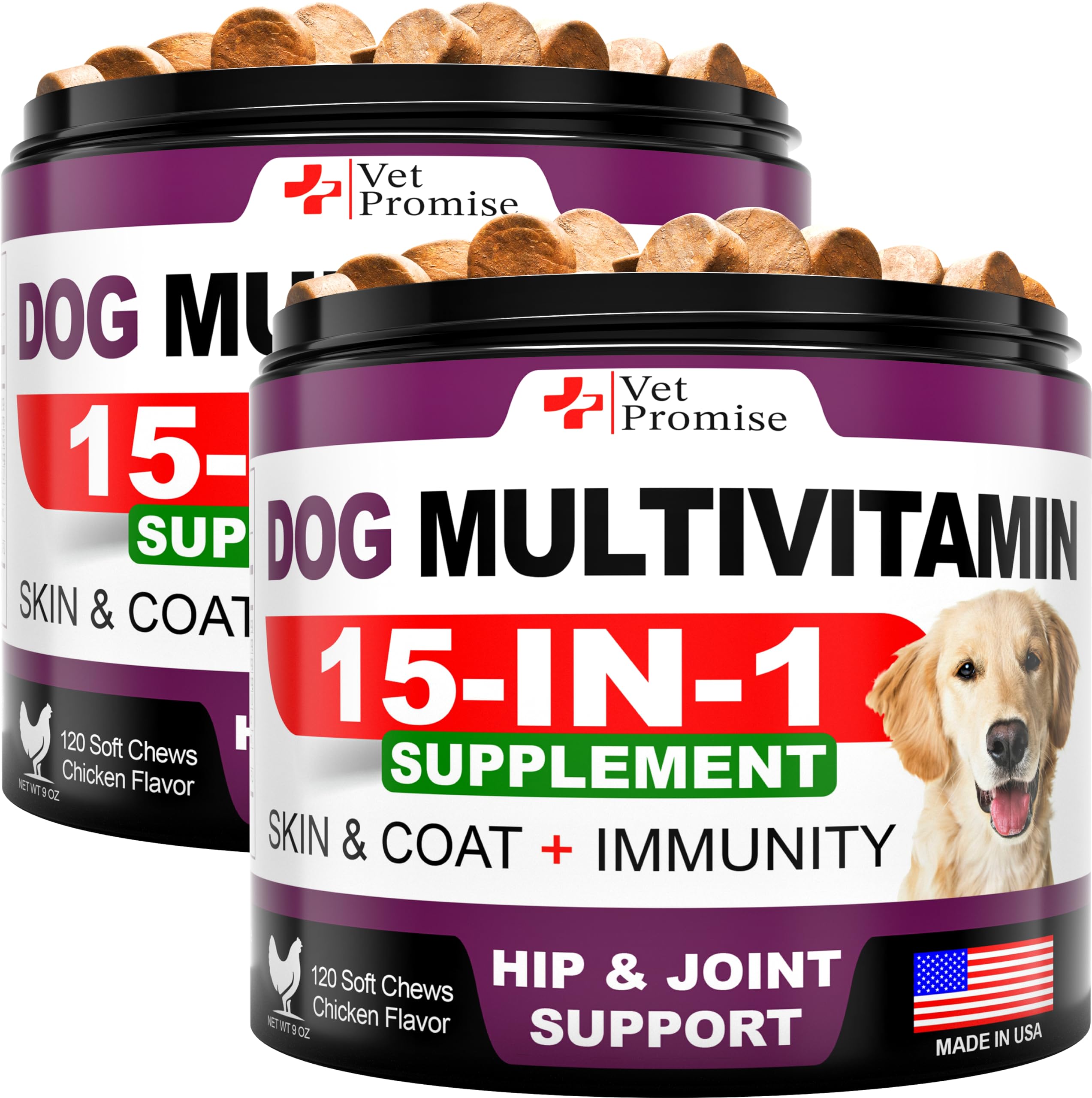 Vet Promise dog multivitamin chewable glucosamine bottle supports joint comfort and daily energy.