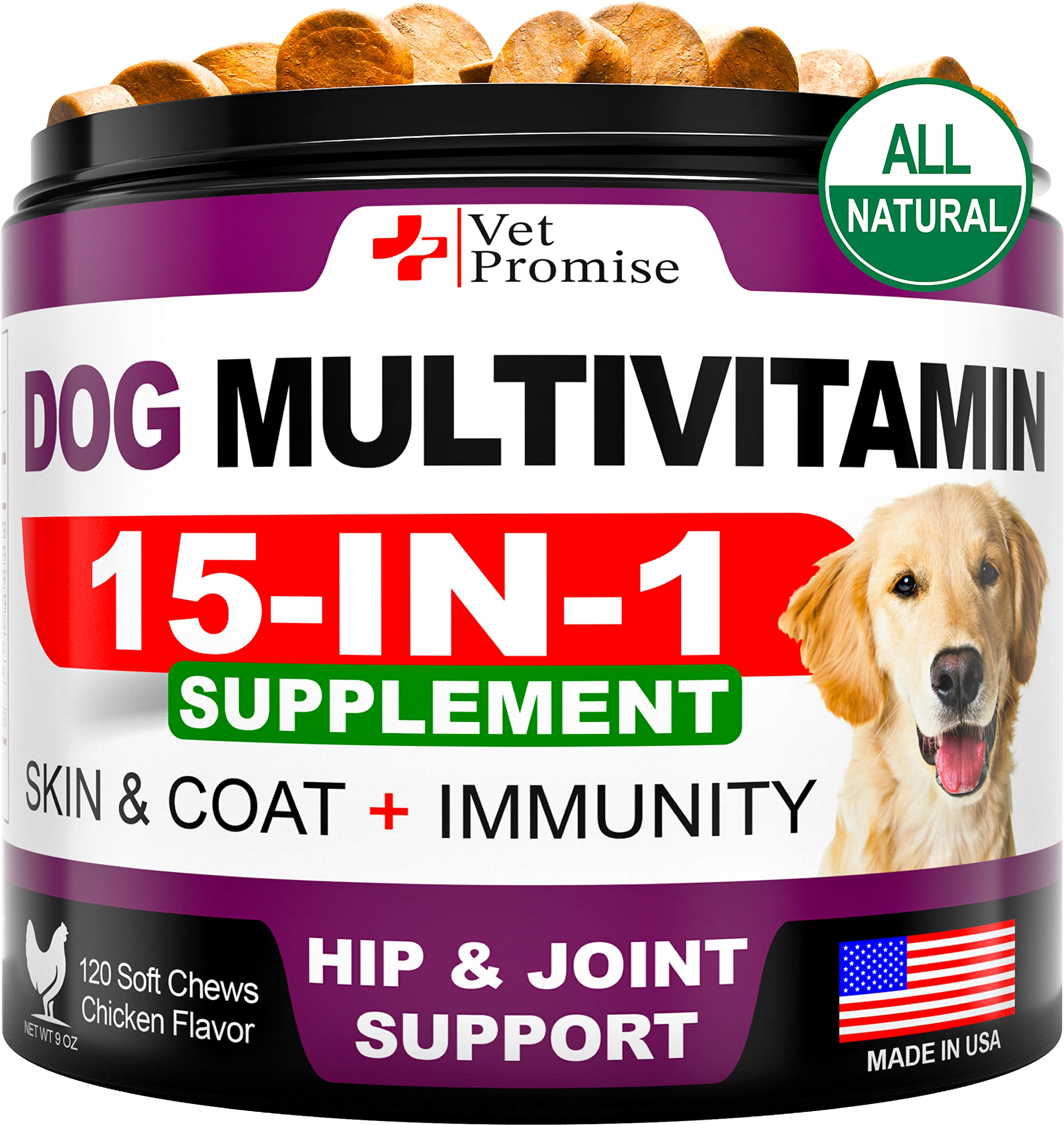 Vet Promise dog multivitamin chews bottle shows a convenient daily supplement for mobility and energy.