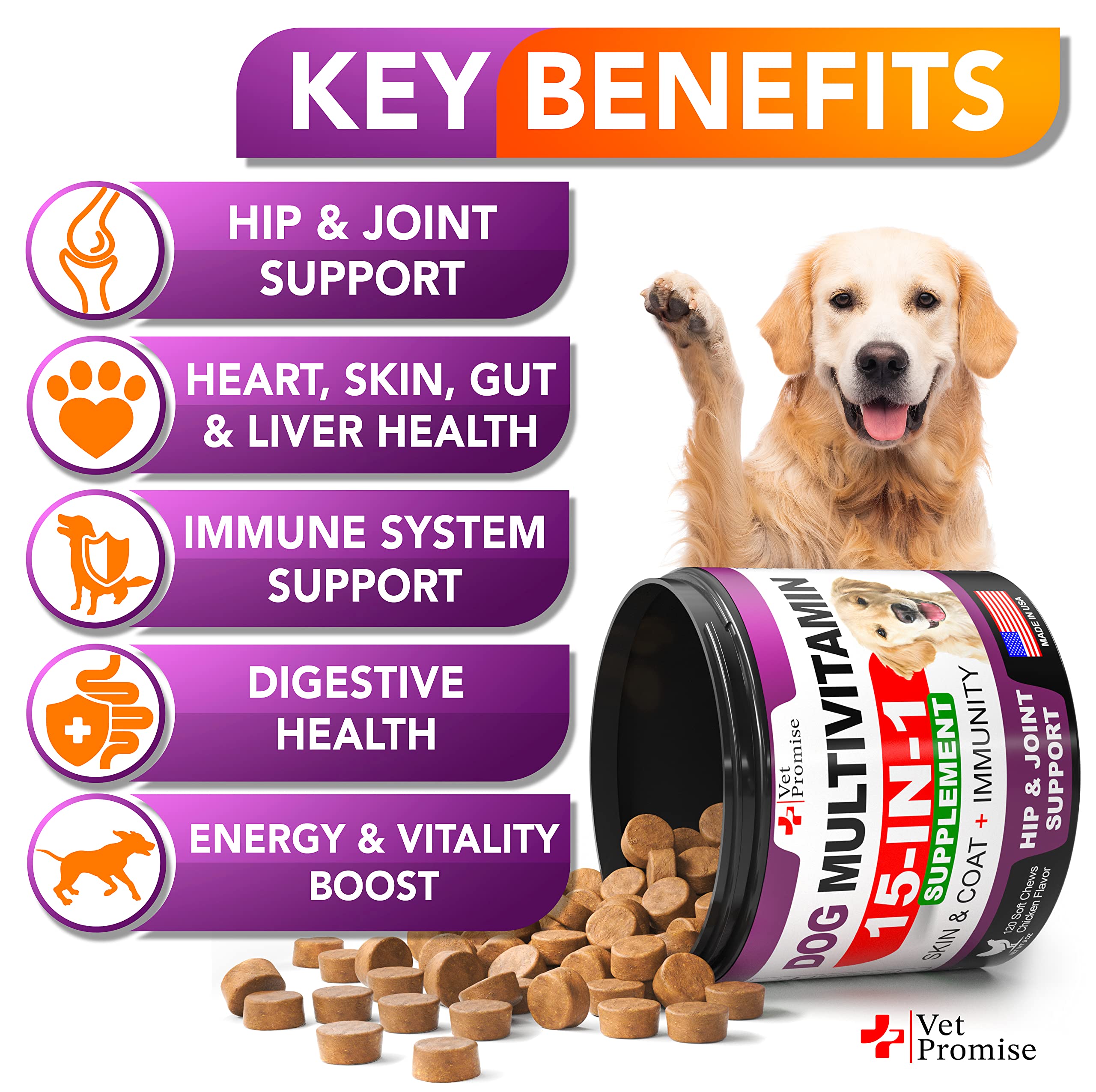 Vet Promise dog multivitamin chews label highlights 15-in-1 formula and vet-formulated quality.