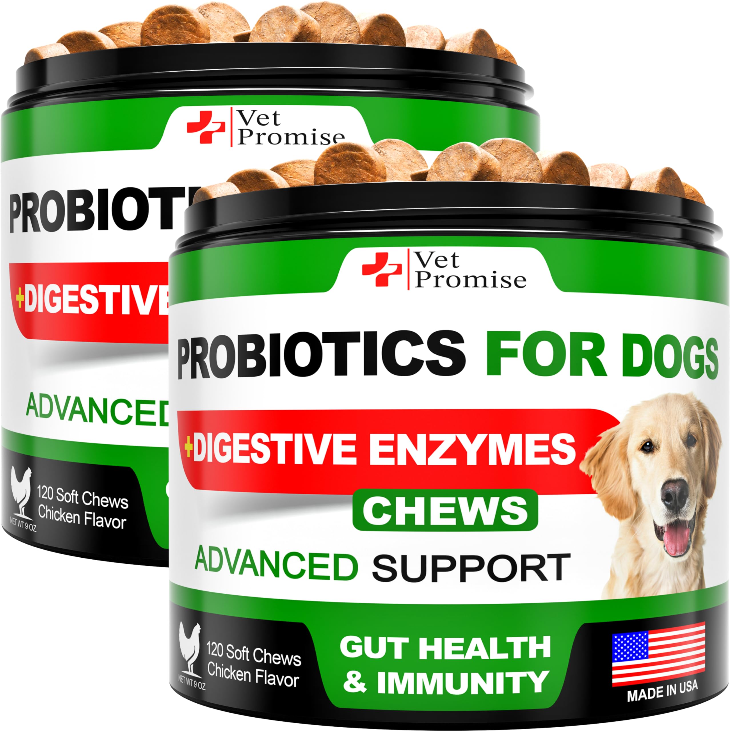 Vet Promise dog probiotics 2pack bottle supports digestion and balanced gut health for happier tummies.